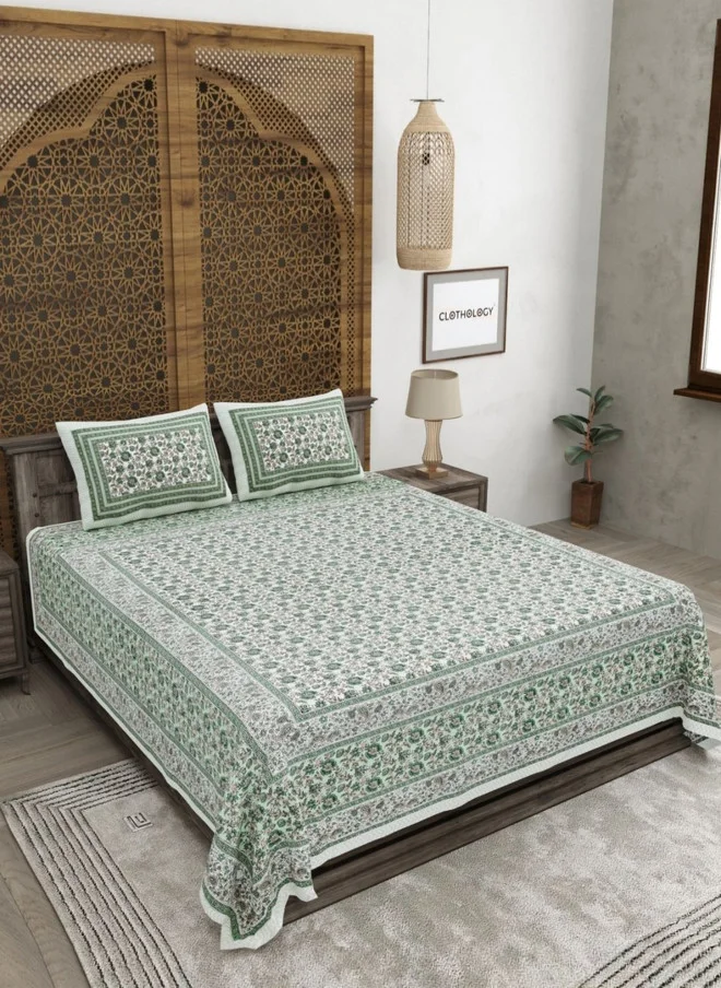 CLOTHOLOGY CLOTHOLOGY Green & White Printed Pure Cotton 180 TC King Bedsheet Set