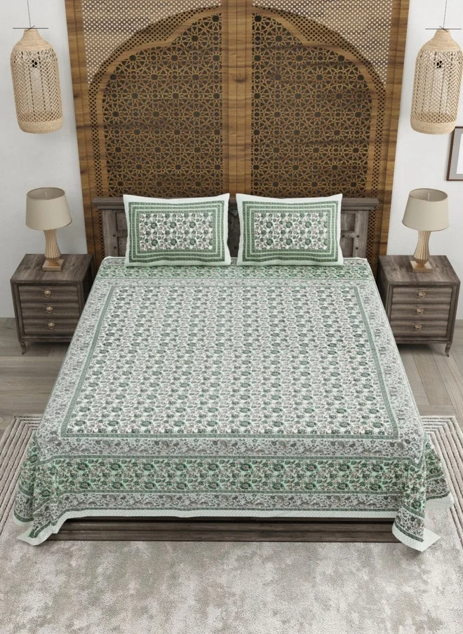 CLOTHOLOGY CLOTHOLOGY Green & White Printed Pure Cotton 180 TC King Bedsheet Set
