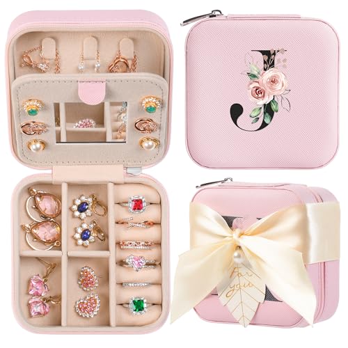 AYGXU Personalized Jewelry Box for Women & Girls - Travel Jewelry Holder, Initial J Pink - Image 1