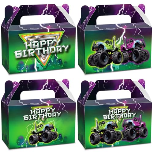 CHUNNIN 24Pcs Green Purple Monster Truck Treat Boxes Monster Truck Birthday Party Decorations Racing Truck Theme Party Favor Gift Boxes Monster Truck Goodie Boxes for Kids Birthday Party Supplies 6 x 3 x 36 - Image 1
