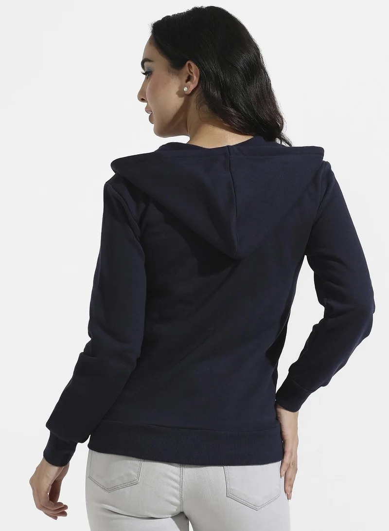 Campus Sutra Zip-Front Hoodie With Contrast Drawstring