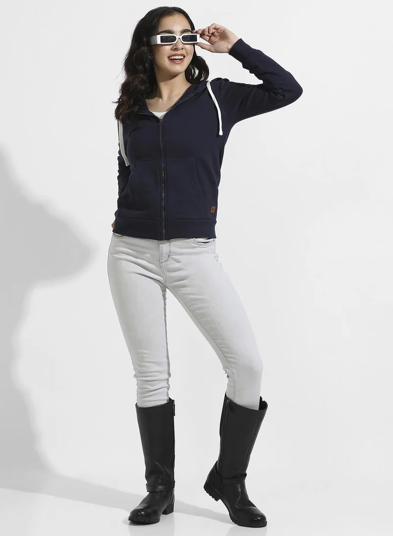 Campus Sutra Zip-Front Hoodie With Contrast Drawstring