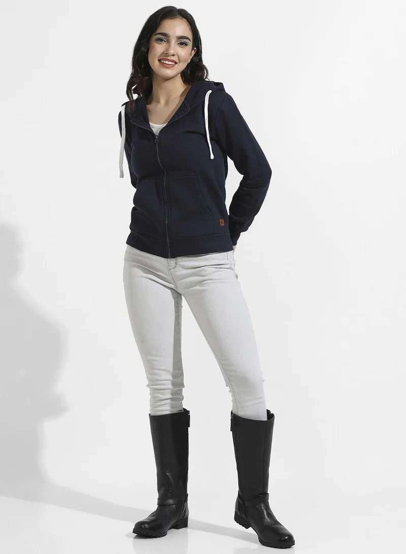 Campus Sutra Zip-Front Hoodie With Contrast Drawstring