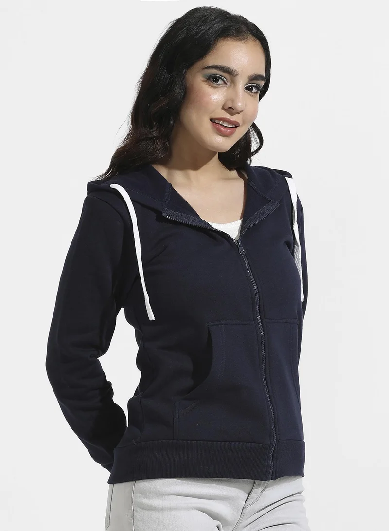 Campus Sutra Zip-Front Hoodie With Contrast Drawstring