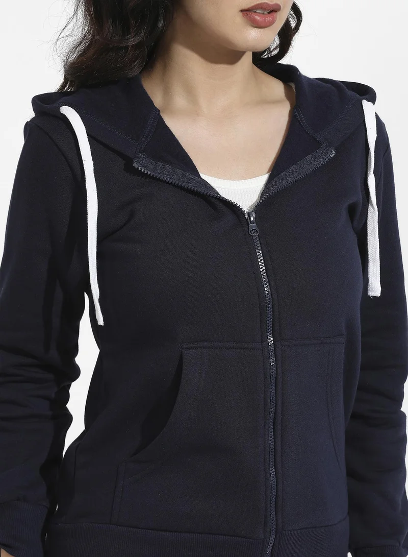 Campus Sutra Zip-Front Hoodie With Contrast Drawstring