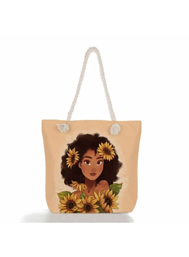 Canvas Printed Tote Bag Women's Shopping Bag Creative Large Capacity Foldable Thick Rope Beach Crossbody Bag-Color:Style Twelve-Size:45*35*12 - Image 1
