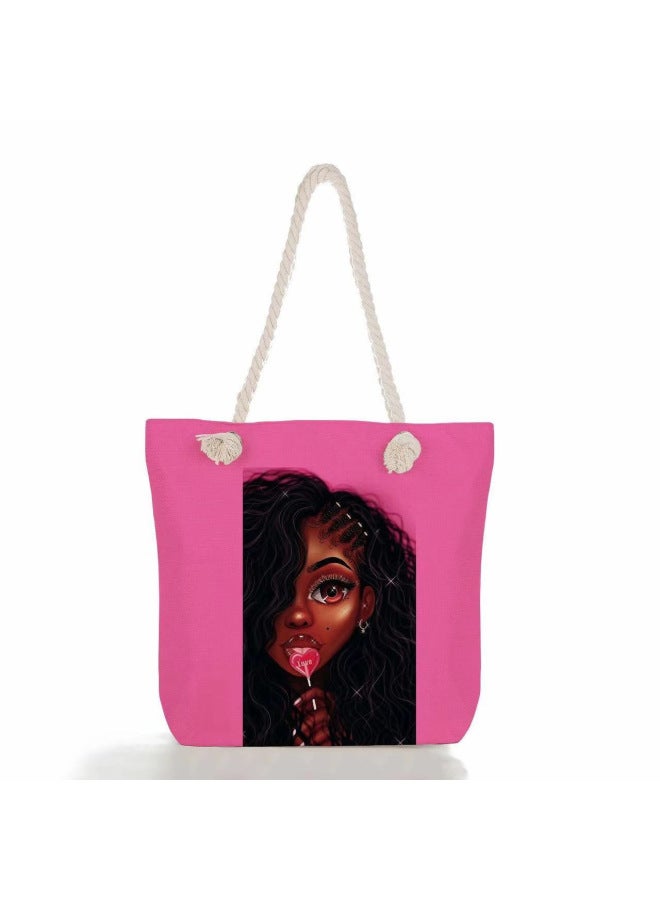 Canvas Printed Tote Bag Women's Shopping Bag Creative Large Capacity Foldable Thick Rope Beach Crossbody Bag-Color:Style Twelve-Size:45*35*12 - Image 3
