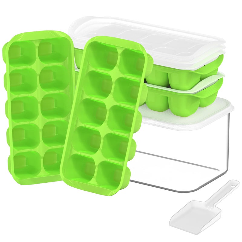 DOQAUS Ice Cube Tray with Lid and Bin, 4 Pack Easy Pop Out Silicone Ices Cubes Trays for Freezer with Cover, Stackable Compact Ice Bucket Kits, for Baby Food, Cocktail, Coffee - Image 1