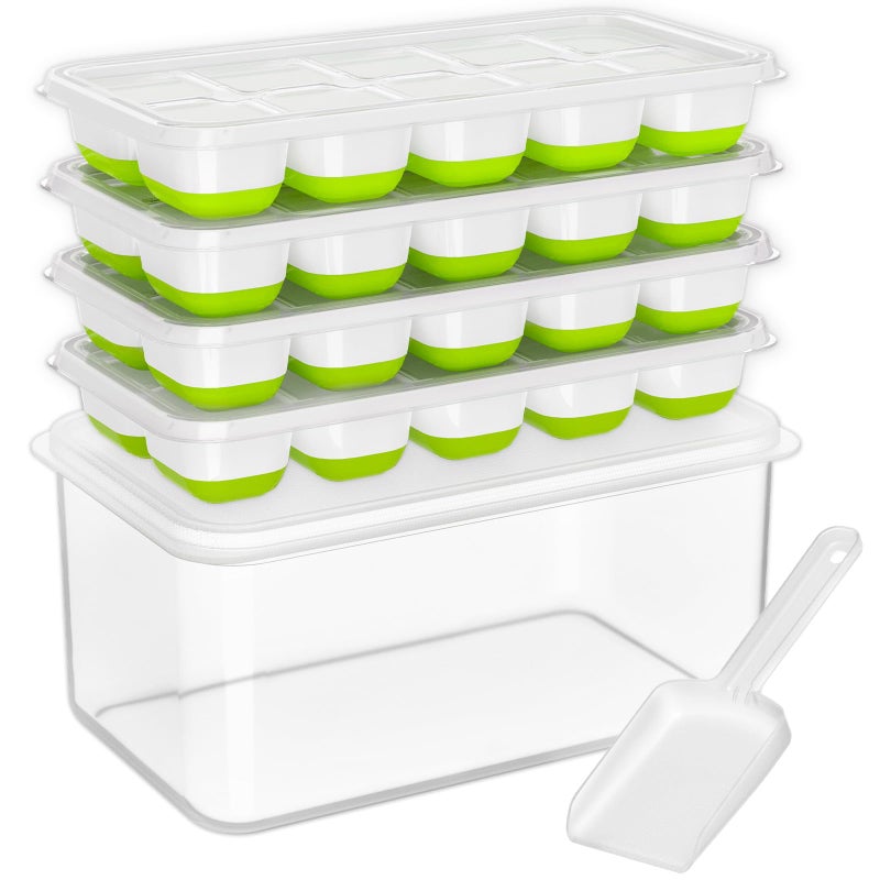 DOQAUS Ice Cube Tray with Lid and Bin 4 Pack Silicone Ice Cube Trays for Freezer Stackable Ice Bucket Kits with Storage Container Scoop for Kitchen RV Cocktail Coffee
