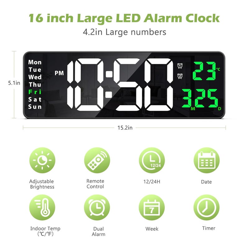 KeeKit Digital Clock, LED Wall Clock with 16" Large Display, Desktop Clock with Remote Control, Automatic Brightness Dimmer, 10 Adjustable Brightness, Suitable for Living Room - Image 3