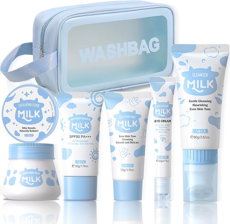 Milk Skin Care SetSkincare Sets for Teenage GirlsFacial Care Gift Set KitsIncluding Brightening CreamHand WaxSunscreenEye CreamScrubFacial CleanserCosmetic BagSkin Care Set 7 Pcs