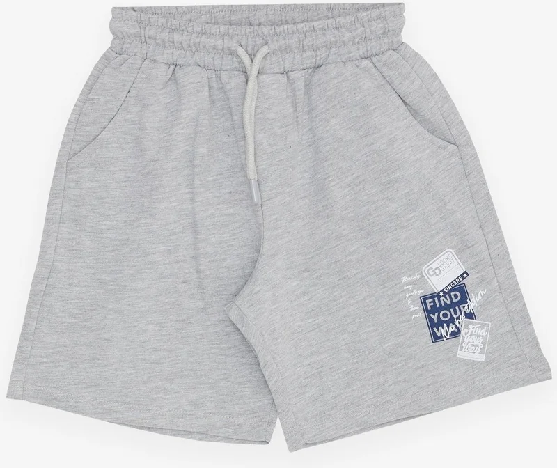 بريز Girls & Boys Boy's Shorts with Text Printed Lace-up Pockets Elastic Waist 8-14 Years, Light Gray Melange