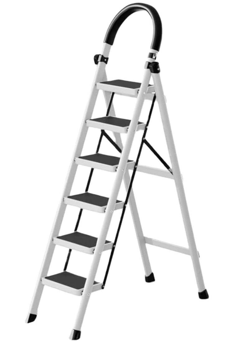 AL QADAH Metal Step Ladder 6 Step Foldable White 187x44cm Anti Slip Wide Pedals Safety Lock Tool Tray Tall Utility Ladder for Home Kitchen Garage Warehouse Use  - Image 1