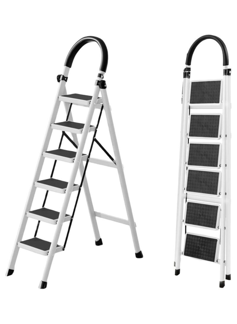 AL QADAH Metal Step Ladder 6 Step Foldable White 187x44cm Anti Slip Wide Pedals Safety Lock Tool Tray Tall Utility Ladder for Home Kitchen Garage Warehouse Use  - Image 2