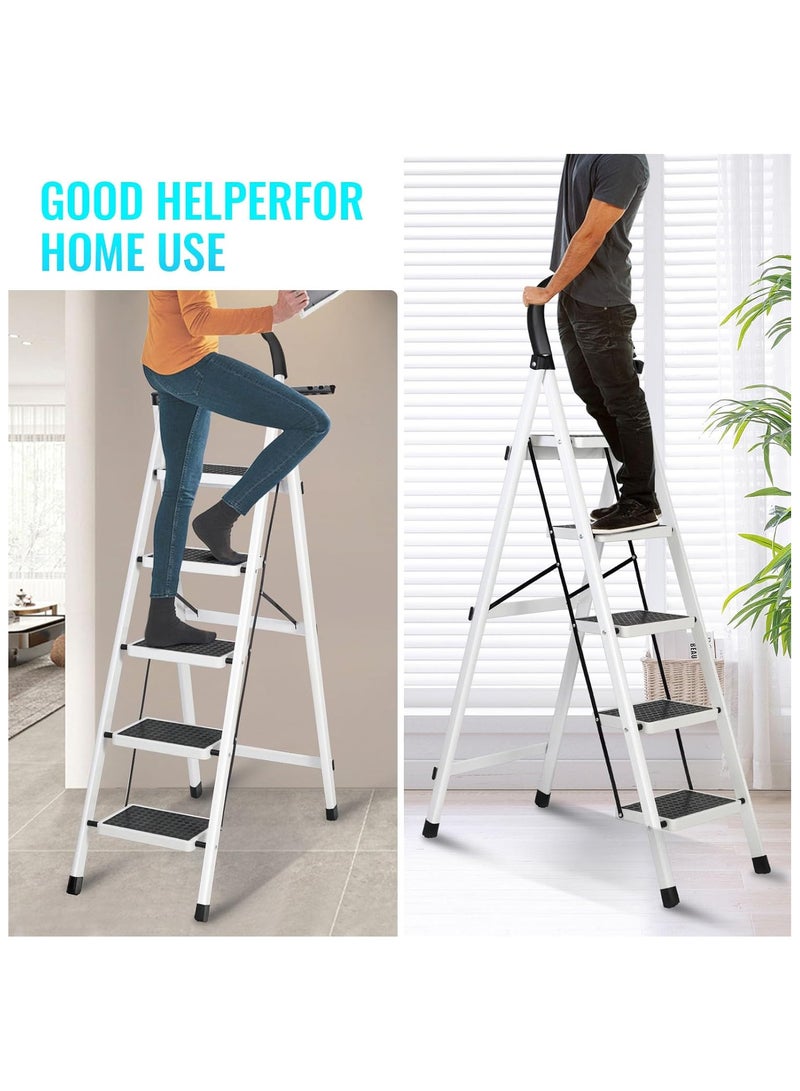 AL QADAH Metal Step Ladder 6 Step Foldable White 187x44cm Anti Slip Wide Pedals Safety Lock Tool Tray Tall Utility Ladder for Home Kitchen Garage Warehouse Use  - Image 4