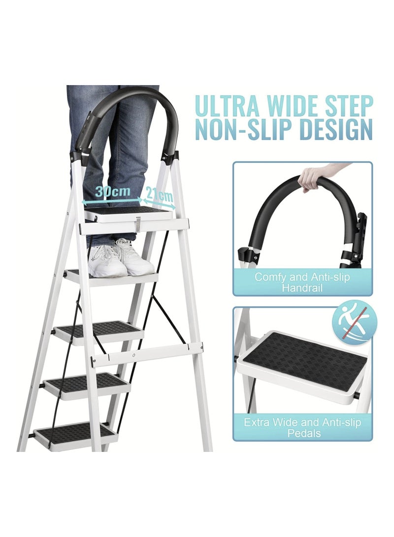 AL QADAH Metal Step Ladder 6 Step Foldable White 187x44cm Anti Slip Wide Pedals Safety Lock Tool Tray Tall Utility Ladder for Home Kitchen Garage Warehouse Use  - Image 5