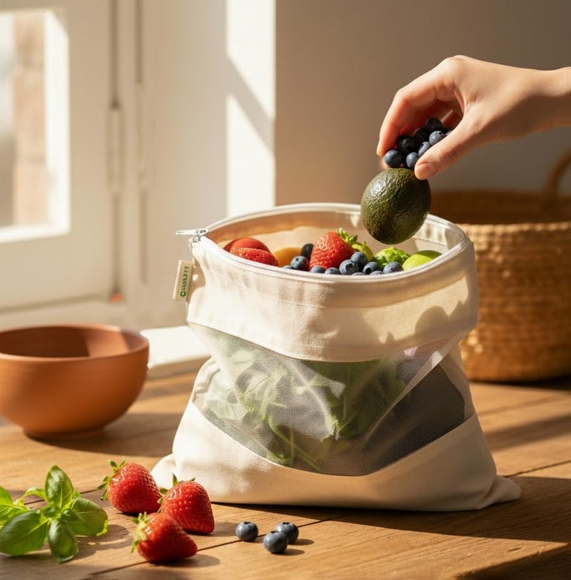 WRAPZY Cotton Net Bag with Zip - Reusable Fridge Storage Zipper Bags For Fruits And Vegetables - Multipurpose Kitchen Storage Bags Organizer with Sturdy Zipper (Pack of 6) - Image 2