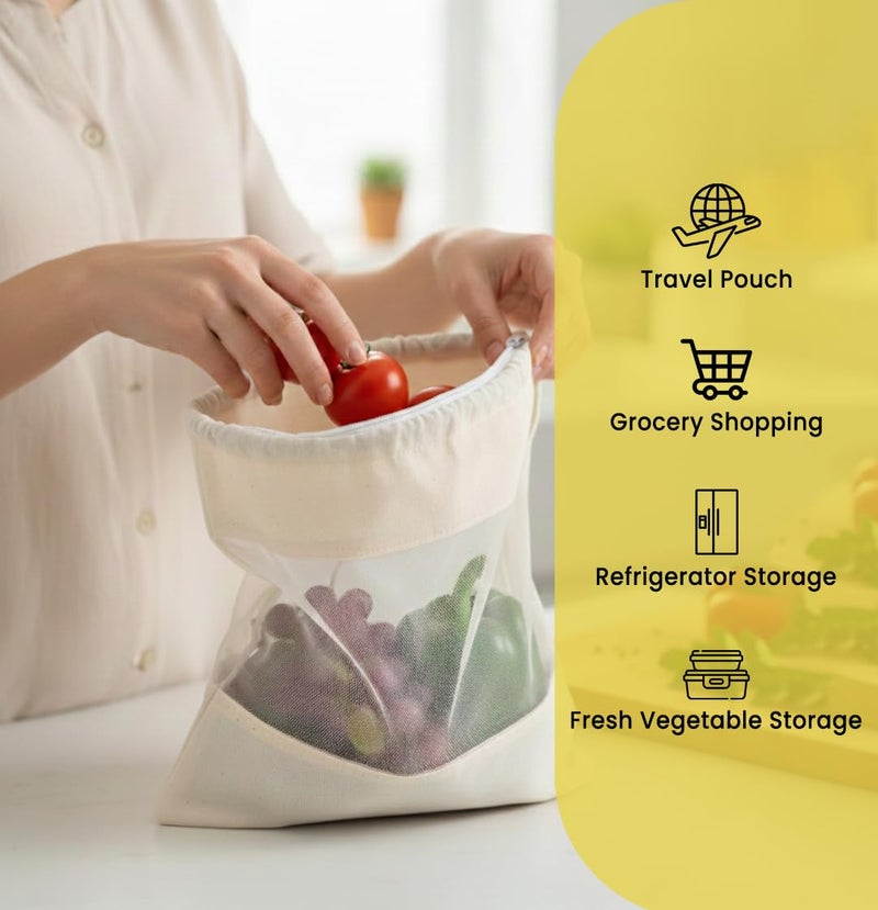 WRAPZY Cotton Net Bag with Zip - Reusable Fridge Storage Zipper Bags For Fruits And Vegetables - Multipurpose Kitchen Storage Bags Organizer with Sturdy Zipper (Pack of 6) - Image 4