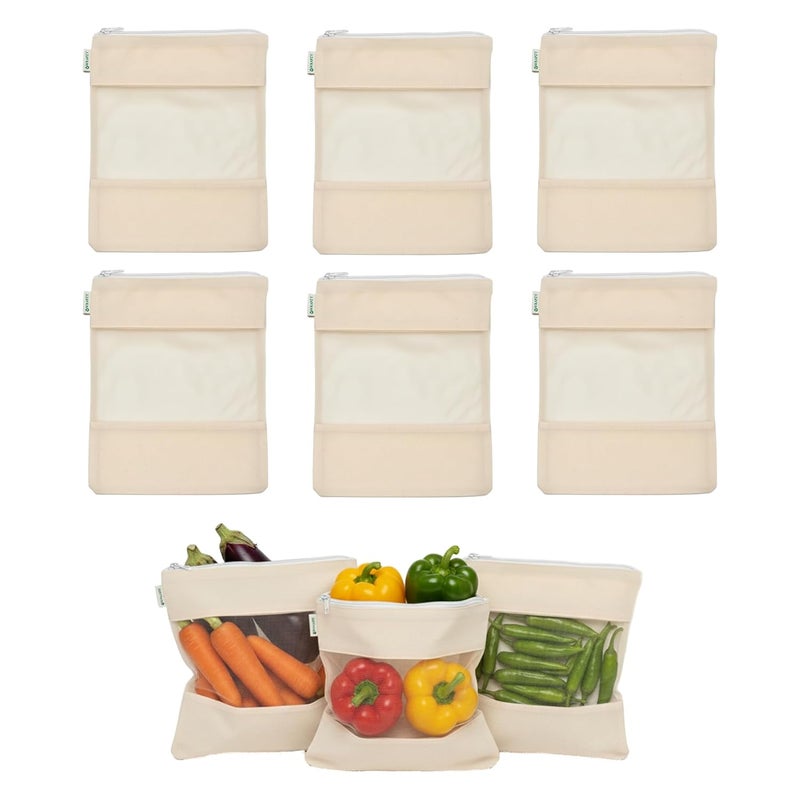 WRAPZY Cotton Net Bag with Zip - Reusable Fridge Storage Zipper Bags For Fruits And Vegetables - Multipurpose Kitchen Storage Bags Organizer with Sturdy Zipper (Pack of 6) - Image 1