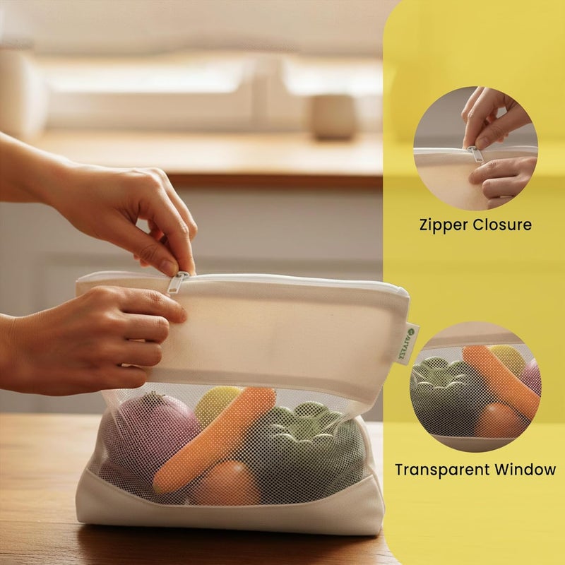 WRAPZY Cotton Net Bag with Zip - Reusable Fridge Storage Zipper Bags For Fruits And Vegetables - Multipurpose Kitchen Storage Bags Organizer with Sturdy Zipper (Pack of 6) - Image 5