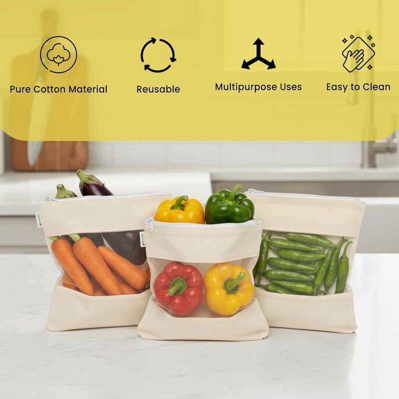 WRAPZY Cotton Net Bag with Zip - Reusable Fridge Storage Zipper Bags For Fruits And Vegetables - Multipurpose Kitchen Storage Bags Organizer with Sturdy Zipper (Pack of 6) - Image 3