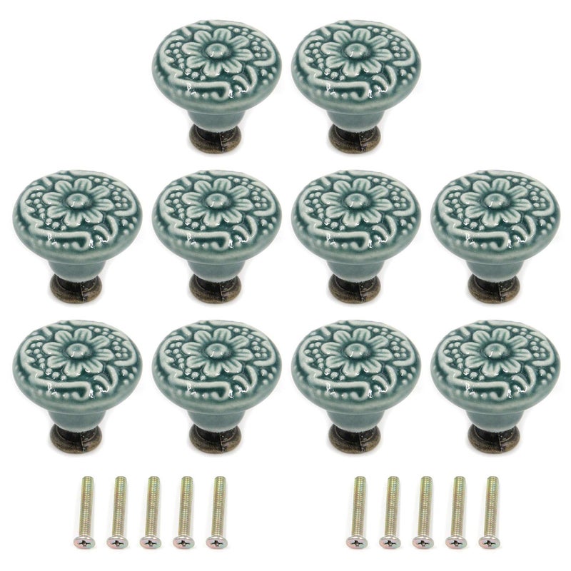 Geesatis 10 pcs Decorative Knob Ceramic knobs Drawer Cabinet Pull Handle Knobs Furniture Decorative Pull Tool with Mounting Screws Green 14 inch Diameter