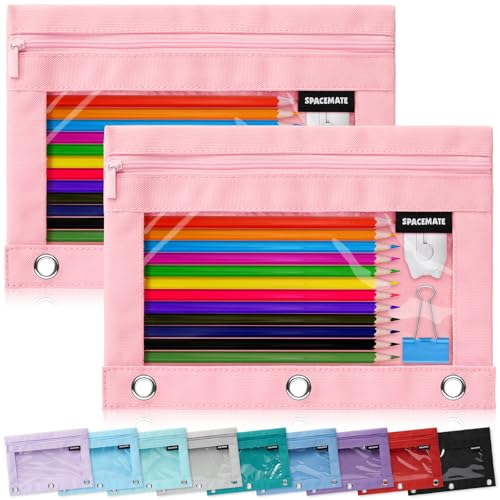 SPACEMATE 2 Pack Binder Pencil Pouch Case Box Bag for 3 Ring Binder School Supplies Girls Boys Kids Clear Preppy Stuff Large Aesthetic Pen Organizer Back to College Stationary Light Pink - Image 1