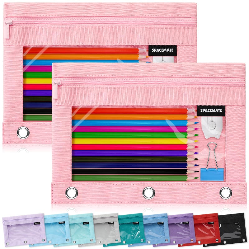 SPACEMATE 2 Pack Binder Pencil Pouch Case Box Bag for 3 Ring Binder School Supplies Girls Boys Kids Clear Preppy Stuff Large Aesthetic Pen Organizer Back to College Stationary Light Pink - Image 2