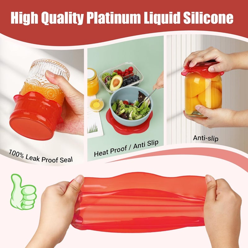 Rottogoon Silicone Stretch Lids for Food Storage in Fridge, Reusable Elastic Bowl Covers for Cup, Cans, Jars, Round & Rectangle Container, Food Grade Silicone Microwave Food Cover, Red, 6PCS - Image 5