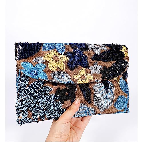 QTKJ Envelope Package, Clutch Purses for Women, Sequin Embroidered Flowers Straw Bag, Bohemian Handmade Handbags, Beach Bag for Vacation, Travel, Banquet(Black Flower) - Image 4