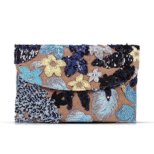 QTKJ Envelope Package, Clutch Purses for Women, Sequin Embroidered Flowers Straw Bag, Bohemian Handmade Handbags, Beach Bag for Vacation, Travel, Banquet(Black Flower) - Image 1