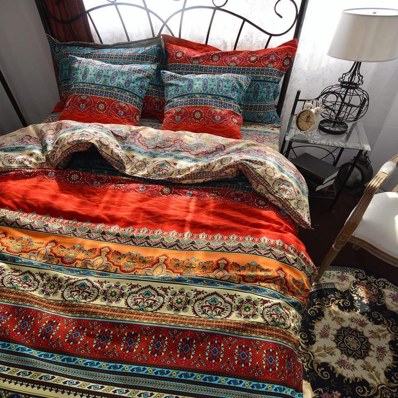 Qucover Bohemian Duvet Cover Single 2Piece 100 Cotton Boho Exotic Mixed Blue and Red Striped Moroccan Bedding Set with Pillowcase Pure Cotton Duvet Cover 135x200 cm Colorful