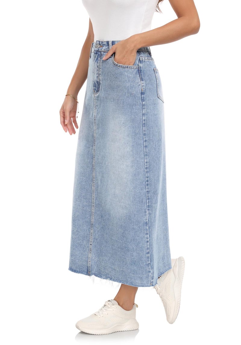 MISS MOLY Women's Jean Skirt Stretch High Waisted Frayed Raw Hem A Line Denim Midi Skirt with Pockets Vintage Blue M - Image 2