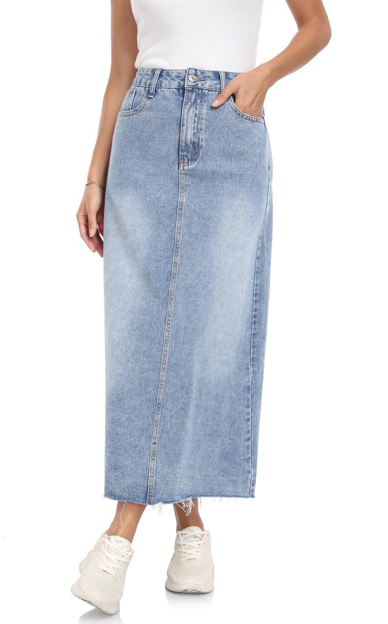 MISS MOLY Women's Jean Skirt Stretch High Waisted Frayed Raw Hem A Line Denim Midi Skirt with Pockets Vintage Blue M - Image 1