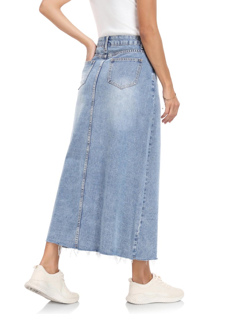 MISS MOLY Women's Jean Skirt Stretch High Waisted Frayed Raw Hem A Line Denim Midi Skirt with Pockets Vintage Blue M - Image 4