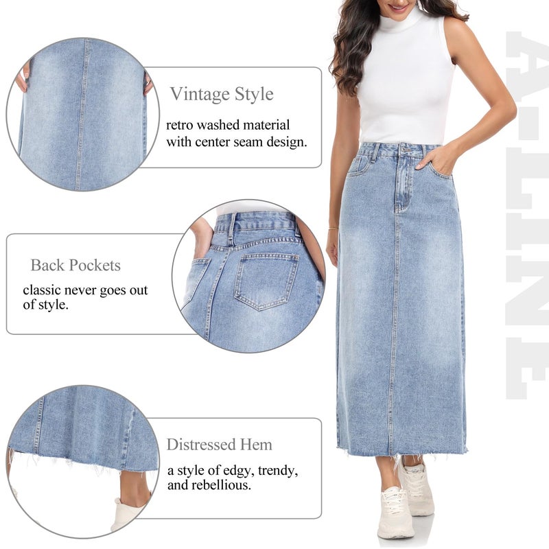 MISS MOLY Women's Jean Skirt Stretch High Waisted Frayed Raw Hem A Line Denim Midi Skirt with Pockets Vintage Blue M - Image 3