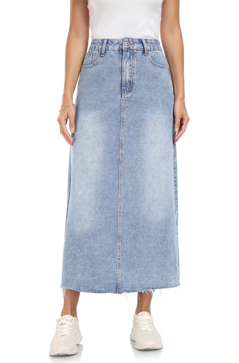 MISS MOLY Women's Jean Skirt Stretch High Waisted Frayed Raw Hem A Line Denim Midi Skirt with Pockets Vintage Blue M - Image 5