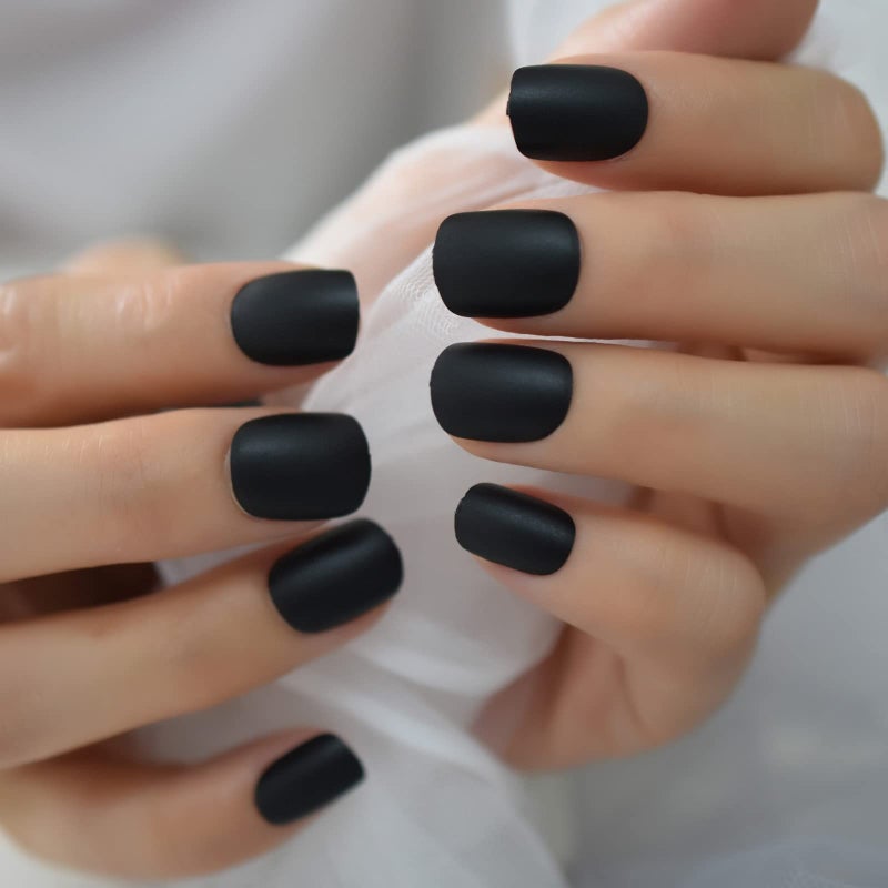 EchiQ Black Short False Press On Nails Full Cover Artificial Acrylic Predesigned Nails Matte Faux Nails Tips for Daily Salon Quality Fake Gel Nails 24pcs - Image 2
