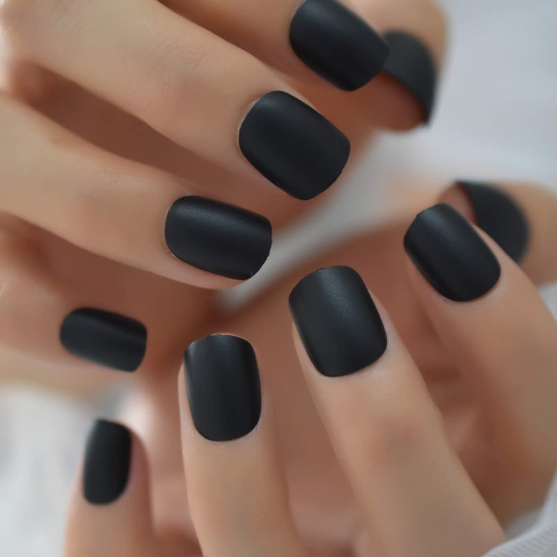 EchiQ Black Short False Press On Nails Full Cover Artificial Acrylic Predesigned Nails Matte Faux Nails Tips for Daily Salon Quality Fake Gel Nails 24pcs - Image 1