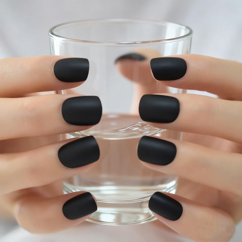 EchiQ Black Short False Press On Nails Full Cover Artificial Acrylic Predesigned Nails Matte Faux Nails Tips for Daily Salon Quality Fake Gel Nails 24pcs - Image 4