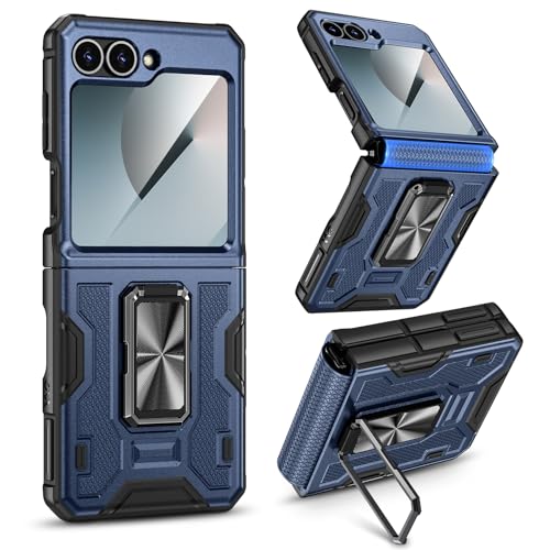 VEGO for Galaxy Z Flip 6 Case, with Screen Protector & Hinge Protection & Magnetic Ring Kickstand Full Body Protective Phone Case for Samsung Z Flip 6 2024 - Blue - Image 1