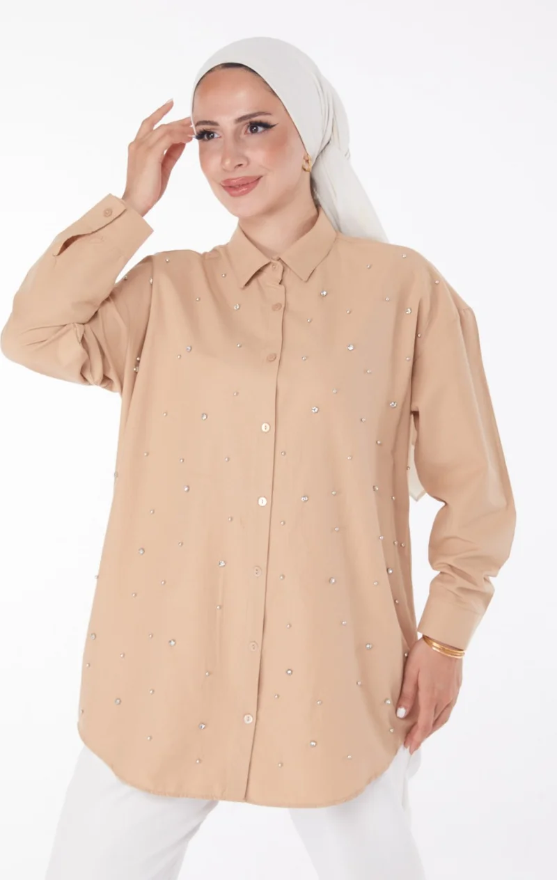 Tofisa Plain Shirt Collar Women's Mink Stone Tunic - 25908