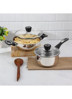 VINOD Vinod Veneto Stainless Steel Cookware Set of 2 | 1.7 Litre Kadai, 1.5 Litre Saucepan with Glass Lid | Stylish Ergonomic Hanldes | Induction Base | 2 Year Warranty - Silver  - Image 2