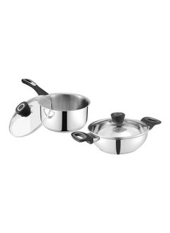 VINOD Vinod Veneto Stainless Steel Cookware Set of 2 | 1.7 Litre Kadai, 1.5 Litre Saucepan with Glass Lid | Stylish Ergonomic Hanldes | Induction Base | 2 Year Warranty - Silver  - Image 1