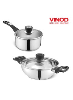 VINOD Vinod Veneto Stainless Steel Cookware Set of 2 | 1.7 Litre Kadai, 1.5 Litre Saucepan with Glass Lid | Stylish Ergonomic Hanldes | Induction Base | 2 Year Warranty - Silver  - Image 3