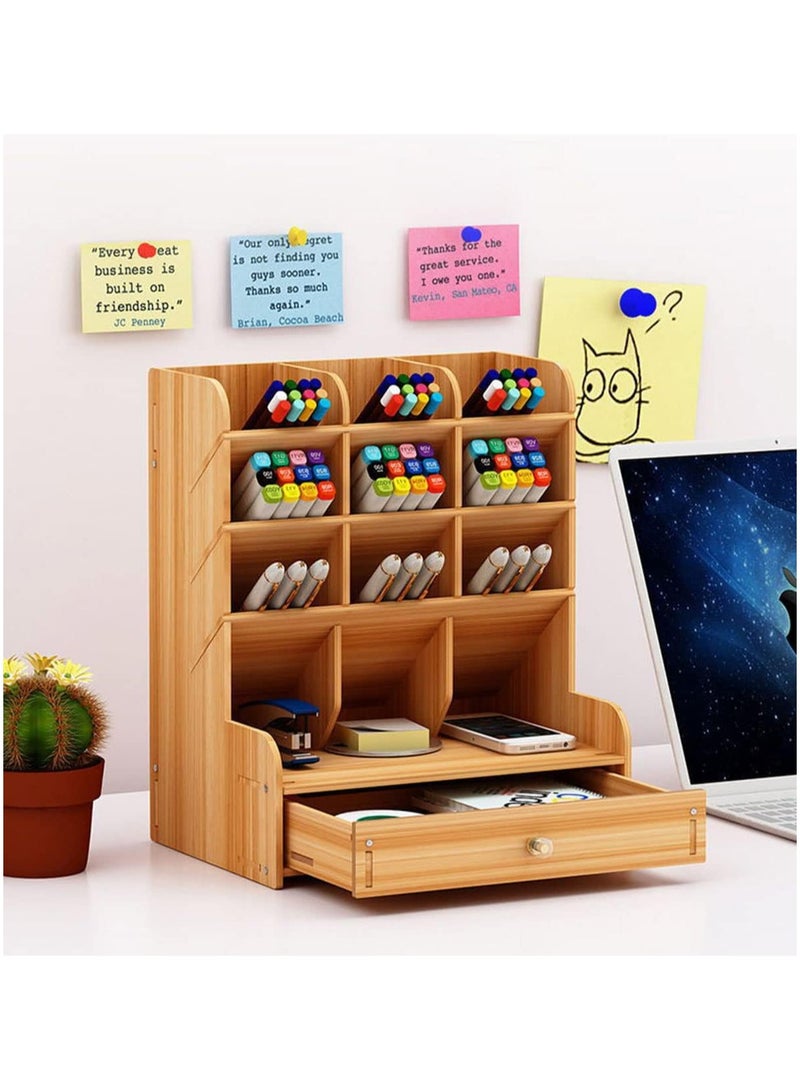 YelaJoy Wooden Pen Organizer Desk Organizer Pencil Holder for Office,Multi-Functional DIY Pencil Organizer, Desktop Stationary Art Supplies Storage with 12 Compartments and Drawer,Easy Assembly  - Image 1