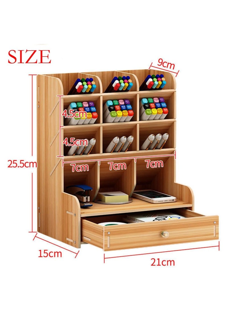 YelaJoy Wooden Pen Organizer Desk Organizer Pencil Holder for Office,Multi-Functional DIY Pencil Organizer, Desktop Stationary Art Supplies Storage with 12 Compartments and Drawer,Easy Assembly  - Image 2