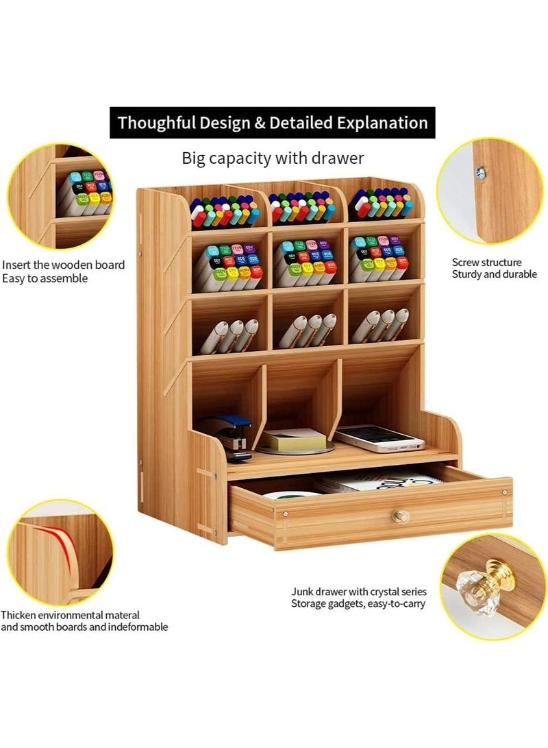 YelaJoy Wooden Pen Organizer Desk Organizer Pencil Holder for Office,Multi-Functional DIY Pencil Organizer, Desktop Stationary Art Supplies Storage with 12 Compartments and Drawer,Easy Assembly  - Image 3