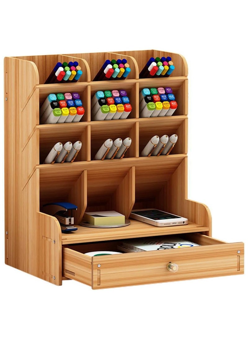 YelaJoy Wooden Pen Organizer Desk Organizer Pencil Holder for Office,Multi-Functional DIY Pencil Organizer, Desktop Stationary Art Supplies Storage with 12 Compartments and Drawer,Easy Assembly  - Image 4