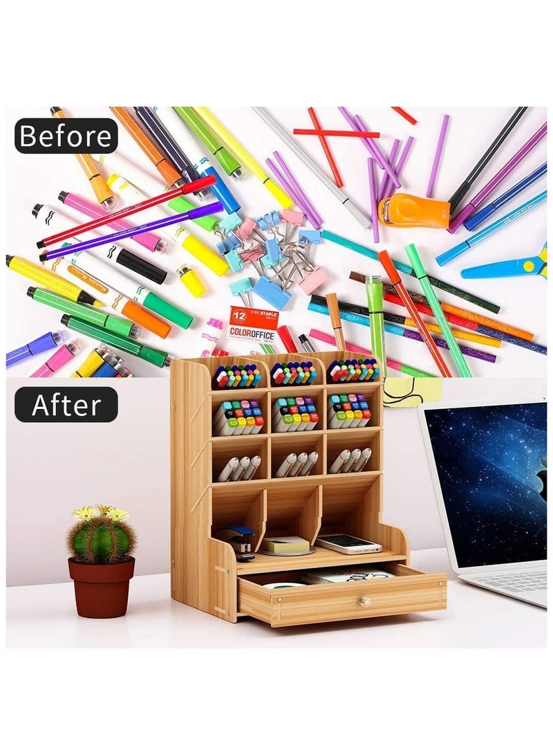 YelaJoy Wooden Pen Organizer Desk Organizer Pencil Holder for Office,Multi-Functional DIY Pencil Organizer, Desktop Stationary Art Supplies Storage with 12 Compartments and Drawer,Easy Assembly  - Image 5